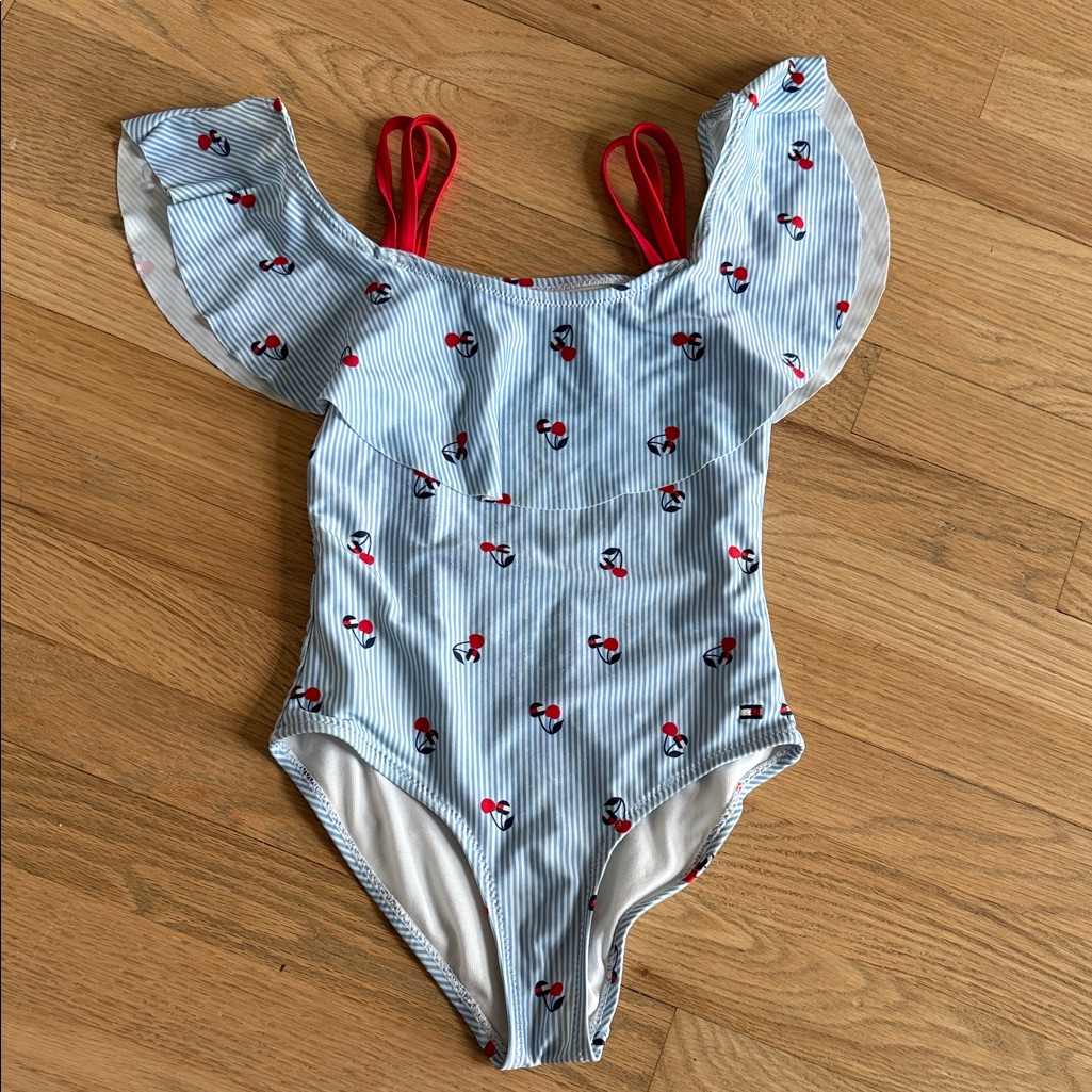 Tommy Hilfiger Girls Cherry Print Ruffle Swimsuit Size 7